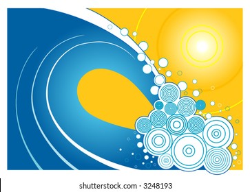 A stylized illustration of an ocean wave with a bright yellow sun behind it
