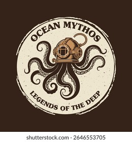 Ilustração estilizada de um polvo emergindo de um capacete de mergulho vintage dentro de um emblema circular. O design evoca um senso de mistério e aventura ideal para impressões de camisetas ou náutica