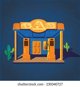 stylized illustration of an old poster on the theme of road diners, old gas stations, travels, west, truckers, etc.