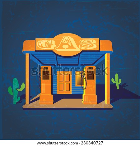 stylized illustration of an old poster on the theme of road diners, old gas stations, travels, west, truckers, etc.