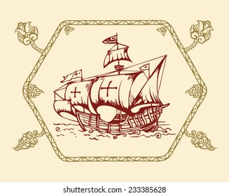 stylized illustration of an old sailing ship in the decorative frame