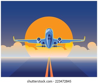 stylized illustration on logistics and air transport. cargo plane in the rays of the rising sun coming in to land