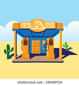 stylized illustration on the theme of road diners, old gas stations, travels, west, truckers, etc.