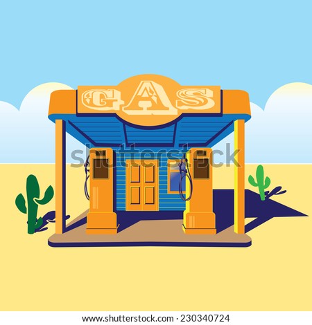 stylized illustration on the theme of road diners, old gas stations, travels, west, truckers, etc.