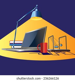 stylized illustration on the theme of the workplace. laptop, Newton balls and books in the light of a desk lamp.