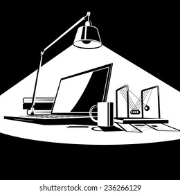 stylized illustration on the theme of the workplace black and whit. laptop, Newton balls and books in the light of a desk lamp.