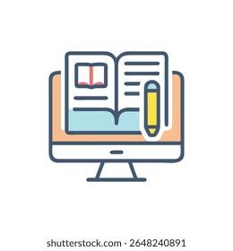 Ilustración estilizada del concepto de aprendizaje en línea que presenta un libro en una pantalla de computadora. Diseño plano con colores vibrantes sobre un fondo blanco.
