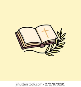 A stylized illustration of an open Bible featuring a glowing cross, accompanied by a delicate laurel branch. Evokes faith, devotion, and Christian heritage, suitable for religious education, church materials, and inspirational content. Easter theme