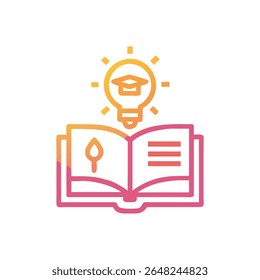 Stylized illustration of open book with a lightbulb above, gradient color. Signifying knowledge, inspiration, and ideas on black backdrop.
