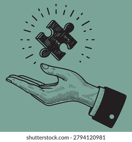 A stylized illustration of an open hand catching a puzzle piece with a glowing light burst around it, symbolizing connection or solution.