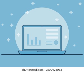 Stylized illustration of an open laptop displaying bar graphs and analytical data.