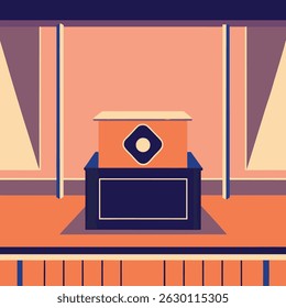A stylized illustration of an orange box with a diamond shape on a blue stand in a room setting is shown