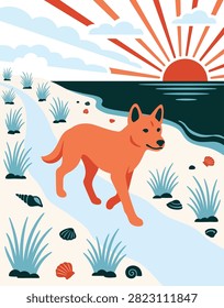 Stylized illustration of an orange dog walking along a sandy path on a beach. The sun rises over the ocean, casting rays of light.