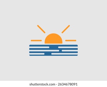 A stylized illustration of an orange sun setting over blue water with distinct wave patterns