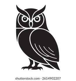 Stylized illustration of an owl isolated, showcasing a minimalist, geometric, and simplified design. Vector Black silhouettes. with white background