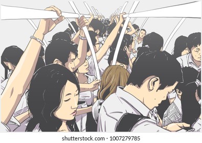 Stylized Illustration Of Packed Subway In Rush Hour