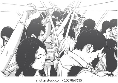 Stylized illustration of packed subway in rush hour