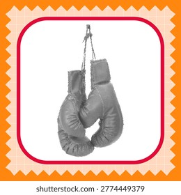 A stylized illustration of a pair of boxing gloves hanging together, rendered in a black and white halftone dot pattern, isolated on a white background.