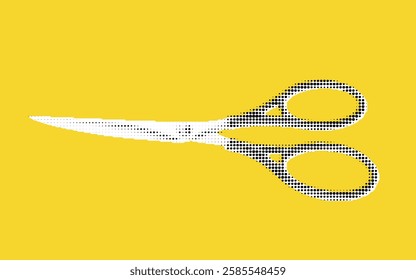A stylized illustration of a pair of scissors on a bright yellow background, featuring a dotted pattern for a modern look.