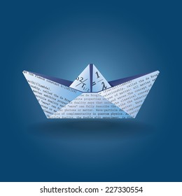 Stylized illustration of a paper boat made ??from a page with text scientific content. can be used in a variety of tasks and projects such as advertising, animation, as a symbol,  printed matter, etc.