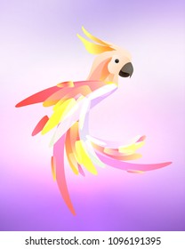 Stylized illustration of a parrot cockatoo with a multicolored tail on blurred background. Vector element for logos, icons and your design