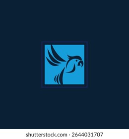 A stylized illustration of a parrot, depicted in blue tones, enclosed within a square frame. This image is ideal for logos, emblems, or any design representing a tropical bird 