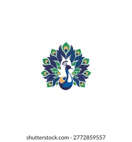 A stylized illustration of a peacock with spread feathers in shades of blue, green, and gold, set against a clean white background, ideal for branding, advertising, and design projects.