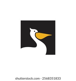 A stylized illustration of a pelican with a yellow beak on a black square background