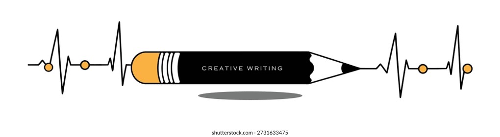 A stylized illustration of a pencil with the words 'CREATIVE WRITING' on it, surrounded by a heartbeat line, set against a transparent background, symbolizing the rhythm of creative expression.