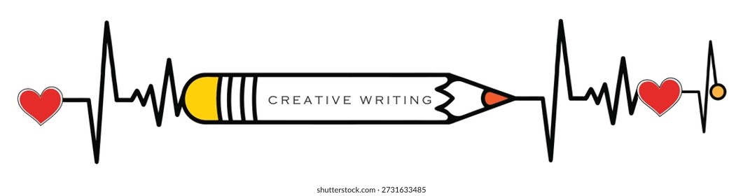 A stylized illustration of a pencil with the words 'CREATIVE WRITING' on it, surrounded by a heartbeat line and hearts, set against a transparent background, symbolizing the passion and energy of creative writing.