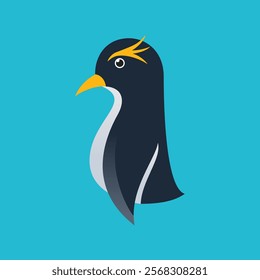 A stylized illustration of a penguin with a yellow beak and yellow crest on a blue background