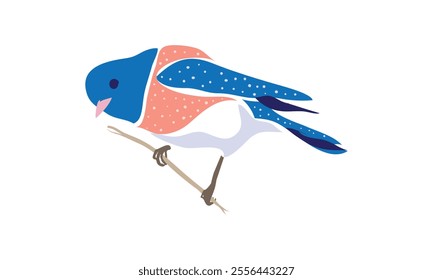 Stylized illustration of a perched bird with a blue head and tail, pink and white speckled body, and white underbelly