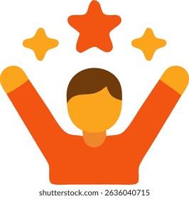 A stylized illustration of a person with arms raised high in a celebratory pose