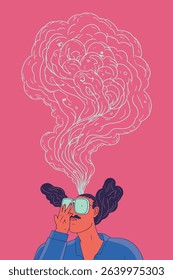 A stylized illustration of a person with a cloud-like thought emanating from their head, set against a pink background.
