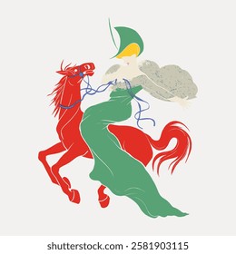 Stylized illustration of a person in a green dress and hat riding a red horse. The abstract art features dynamic lines and bold colors, creating a whimsical scene. Vintage horse illustration vector.