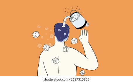 A stylized illustration of a person having a bucket of ice water poured over their head, with floating ice cubes. Conceptual and minimalist.
