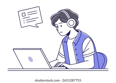 A stylized illustration of a person with headphones focused on a laptop screen, with a speech bubble containing a document icon suggesting communication or information.