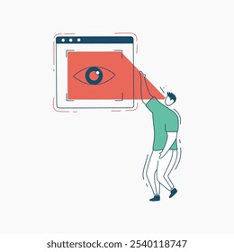 A stylized illustration of a person interacting with a web browser displaying a red eye icon, representing digital privacy.