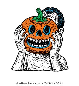 A stylized illustration of a person with a pumpkin head holding their face rendered in a detailed hand drawn comic style with expressive features