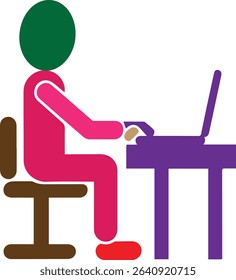 A stylized illustration of a person sitting at a desk using a laptop.  The image uses bold, flat colors and simple shapes for a modern, minimalist aesthetic. Ideal for presentations or website design.