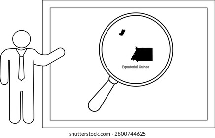 A stylized illustration of a person in a suit pointing at a whiteboard displaying a map of Equatorial Guinea magnified by a large lens.