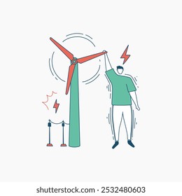 A stylized illustration of a person using a wind turbine to generate electricity.