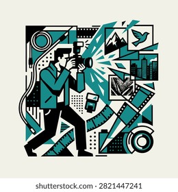 A stylized illustration of a photographer capturing creative visual moments