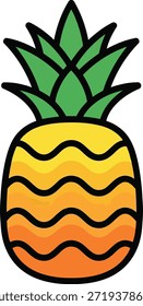 Una ilustración estilizada de una piña con un cuerpo amarillo y naranja con bandas onduladas y una corona de hojas verdes. El contorno es negro grueso.