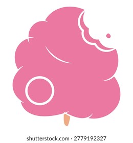 A stylized illustration of pink cotton candy with a bite mark, on a stick.