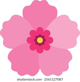 Stylized illustration of a pink flower with five light pink petals and a yellow core surrounded by darker pink smaller petals.