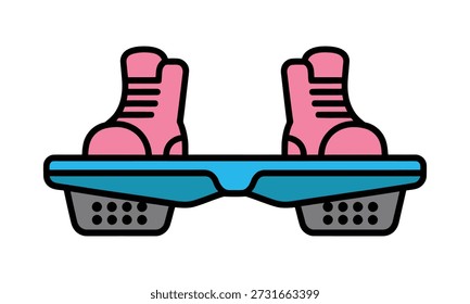 Uma ilustração estilizada de patins de rolo rosa anexados a um hoverboard azul com almofadas texturizadas cinza.