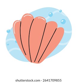 A stylized illustration of a pink seashell with curved lines, set against a light blue background with bubbles. The design is simple and colorful, evoking a marine theme.
