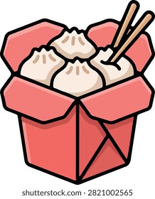 A stylized illustration of a pink takeout box filled with delicious dumplings and chopsticks, ready for a meal.
