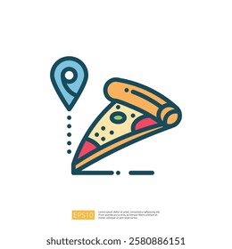 A stylized illustration of a pizza slice accompanied by a location pin, symbolizing food delivery or a restaurant's location.